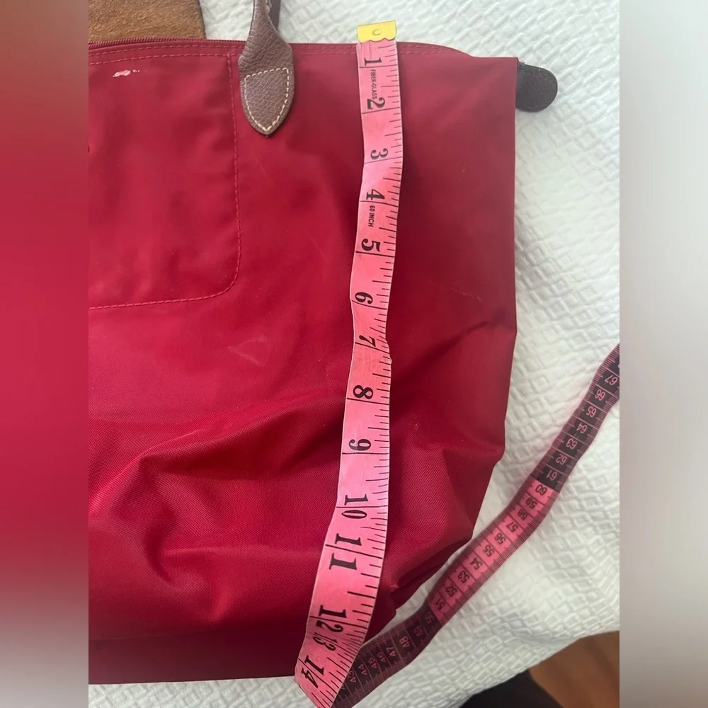 Longchamp Nylon Tote in Red with Brown Trim